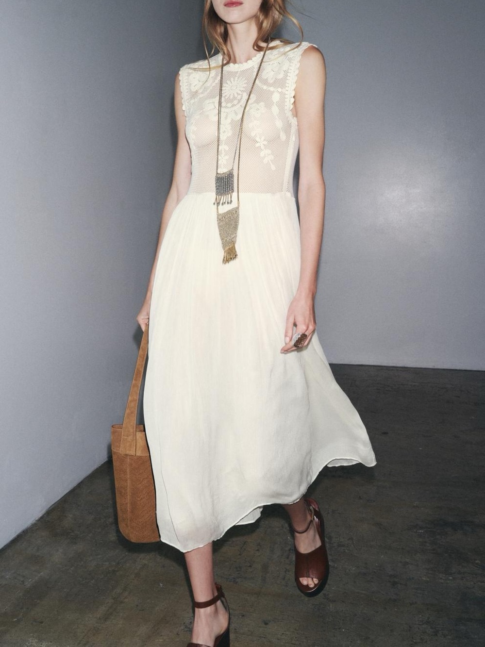 Zara Embroidery Combination Sleeveless Semi-Sheer Midi Dress Round Neckline